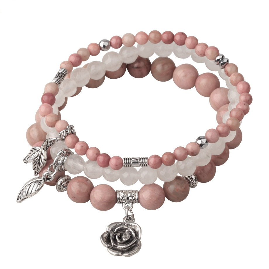 Three Row Bracelet Natural Stone Crystal Rose Pendant Bracelet
