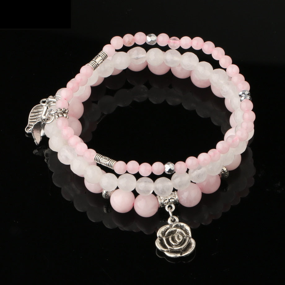 Three Row Bracelet Natural Stone Crystal Rose Pendant Bracelet
