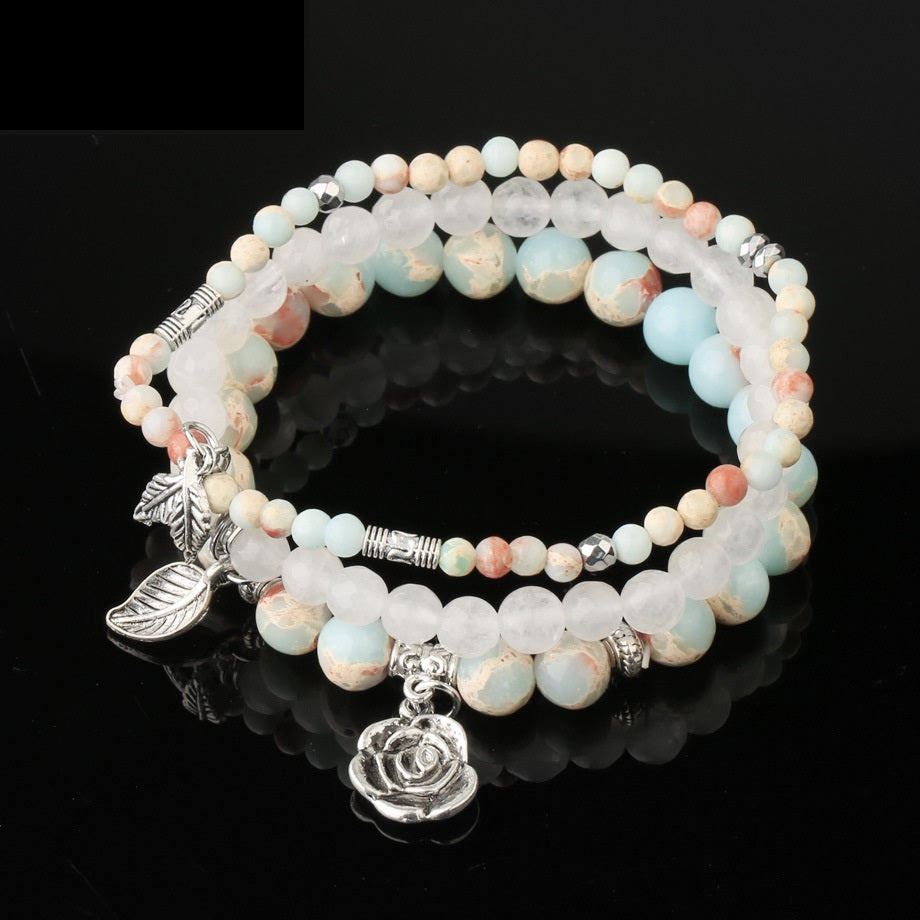 Three Row Bracelet Natural Stone Crystal Rose Pendant Bracelet