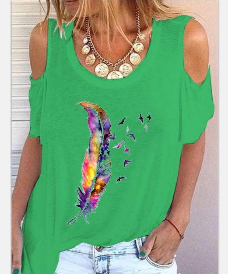 Fashion Women's Short Sleeve T-Shirt Feather Print Top