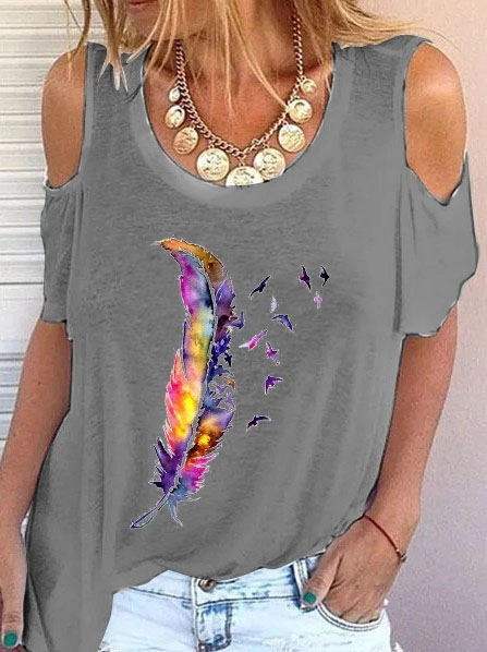 Fashion Women's Short Sleeve T-Shirt Feather Print Top