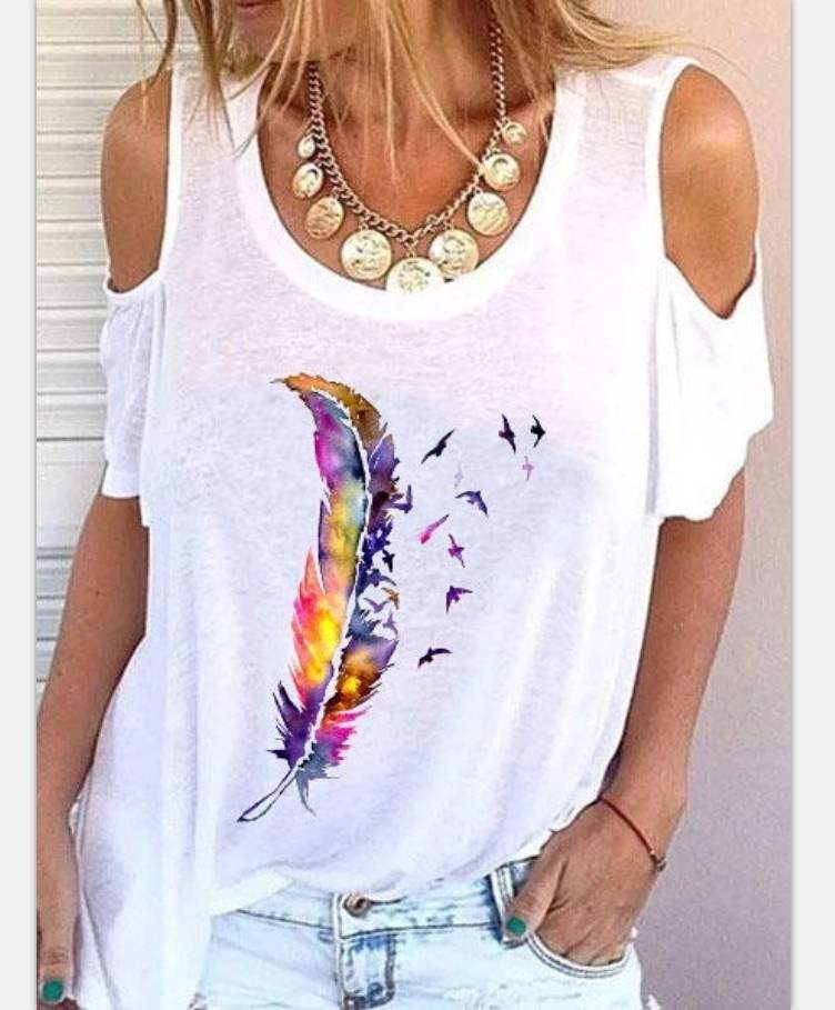 Fashion Women's Short Sleeve T-Shirt Feather Print Top