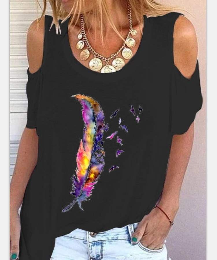 Fashion Women's Short Sleeve T-Shirt Feather Print Top