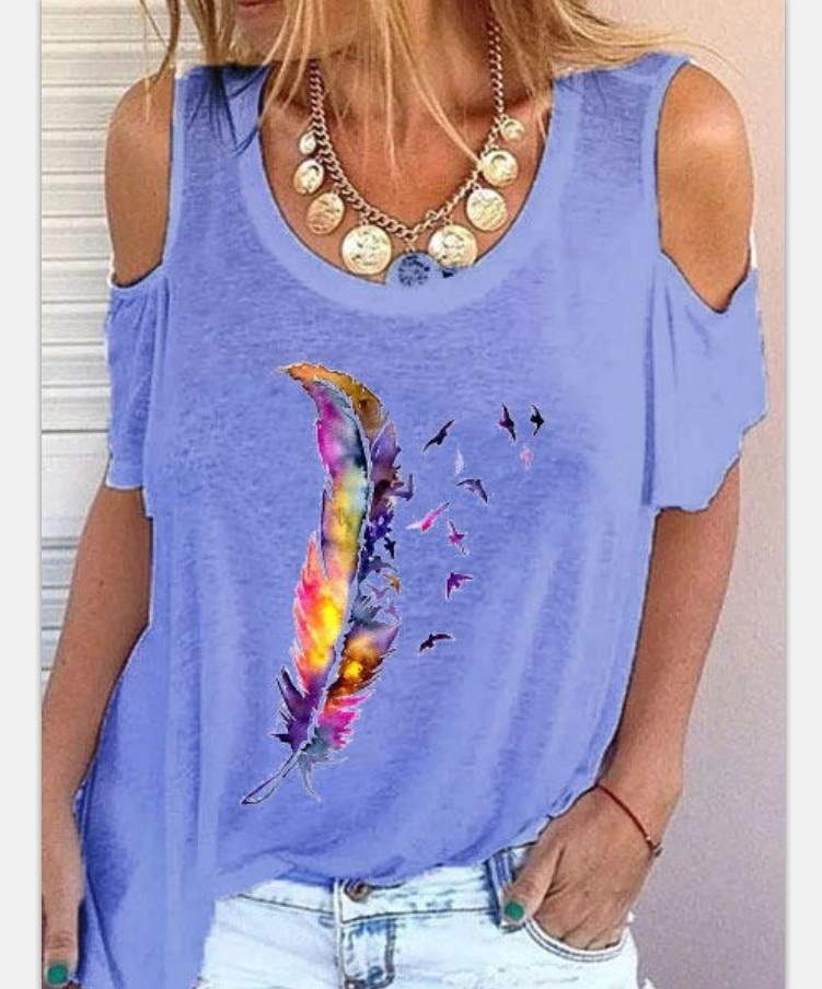 Fashion Women's Short Sleeve T-Shirt Feather Print Top