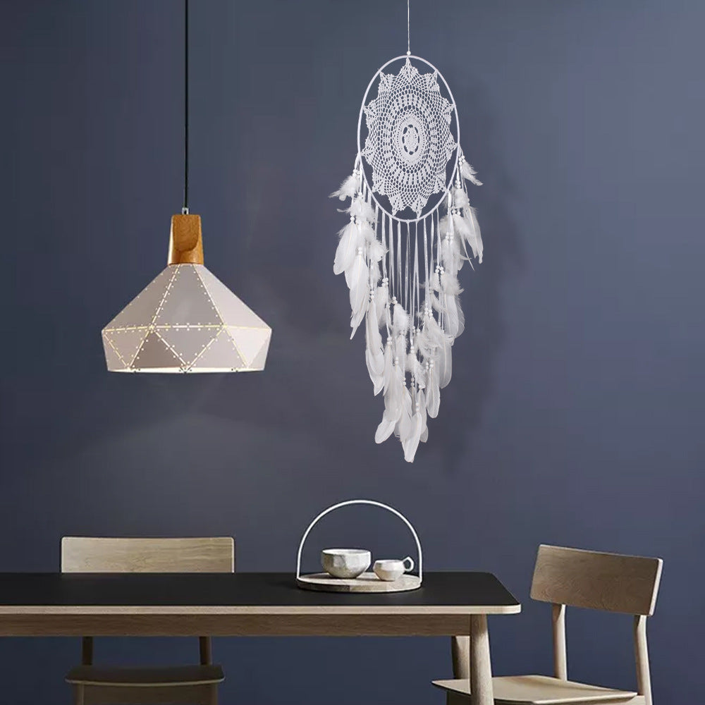 White Handmade Crocheted Flower Dream Catcher Feather