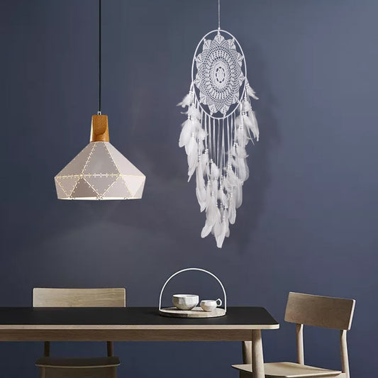 White Handmade Crocheted Flower Dream Catcher Feather