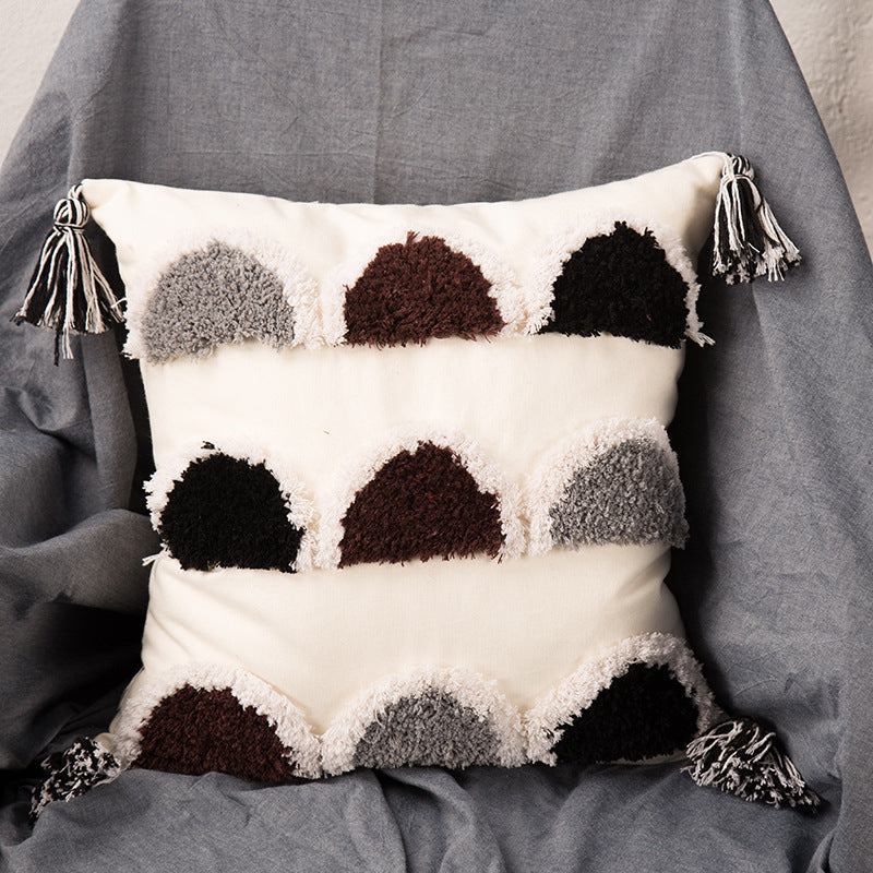 Tufted Embroidered Gray And Black Square Pillow, Decorative Cushion With Core, Bedside Waist Pad