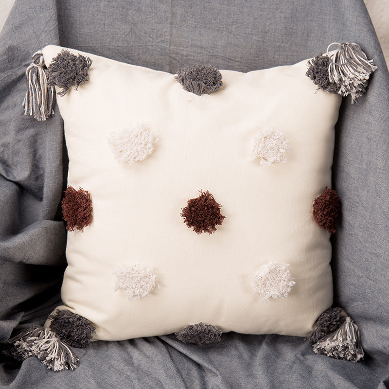 Tufted Embroidered Gray And Black Square Pillow, Decorative Cushion With Core, Bedside Waist Pad