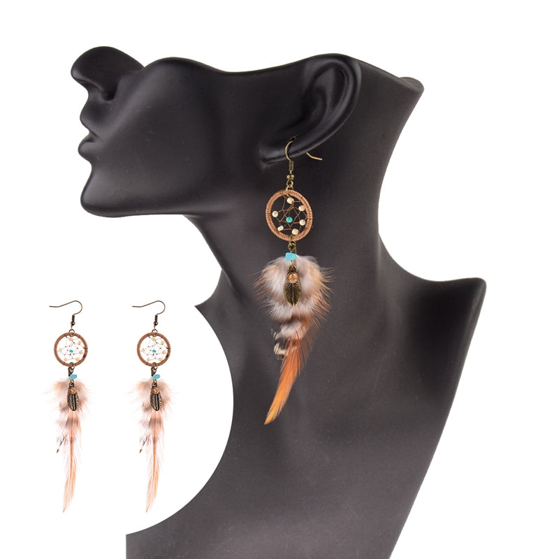 Hollow Flowers And Leaves Retro Clan Style Feather Handmade Earrings