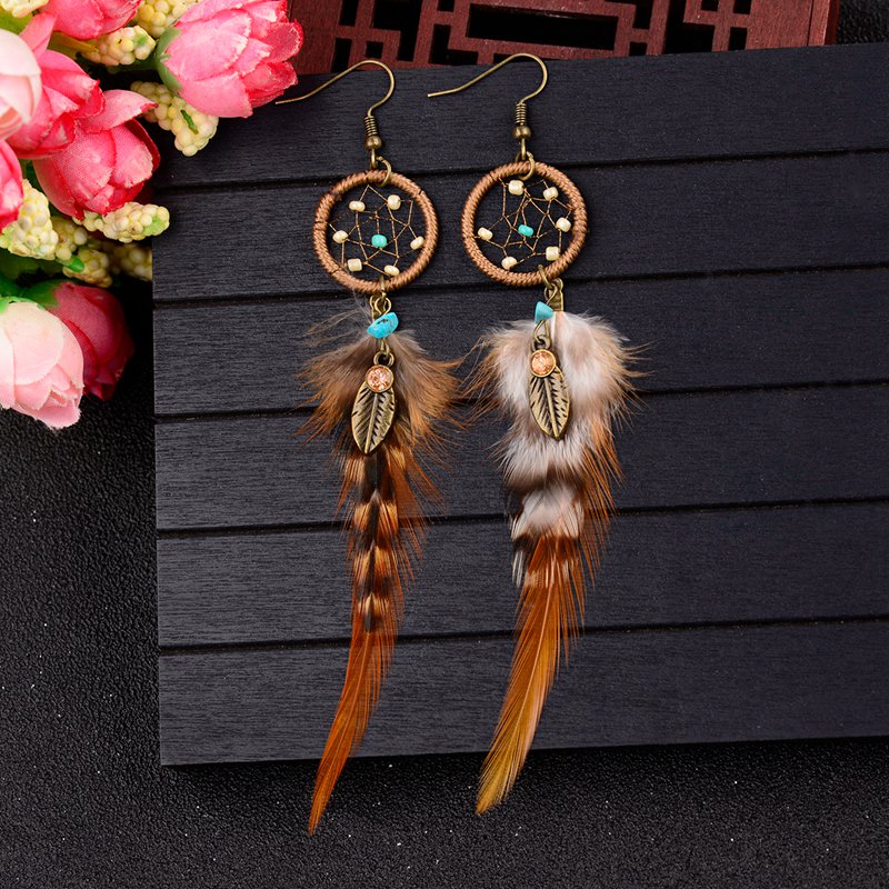 Hollow Flowers And Leaves Retro Clan Style Feather Handmade Earrings