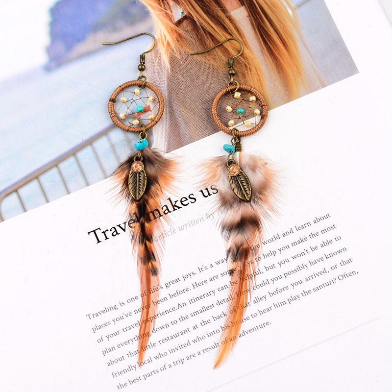 Hollow Flowers And Leaves Retro Clan Style Feather Handmade Earrings