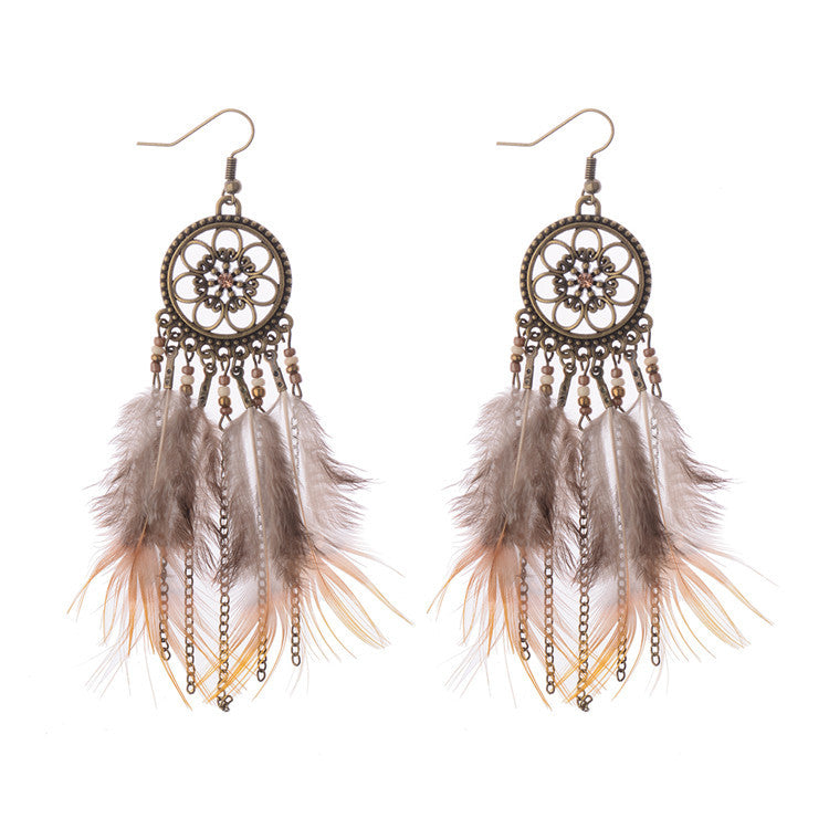Hollow Flowers And Leaves Retro Clan Style Feather Handmade Earrings