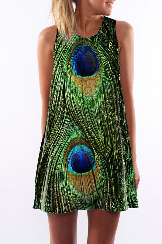 New Style Digital Printing Sleeveless Round Neck Peacock Feather Dress
