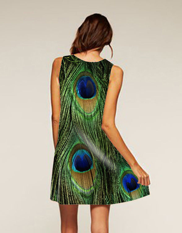 New Style Digital Printing Sleeveless Round Neck Peacock Feather Dress
