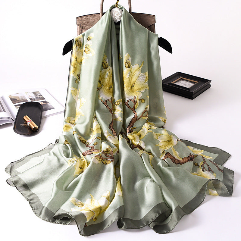 Spring, summer and autumn, new flowers, elegant and high-end artificial silk scarf, female decorative shawl, sunscreen beach towel