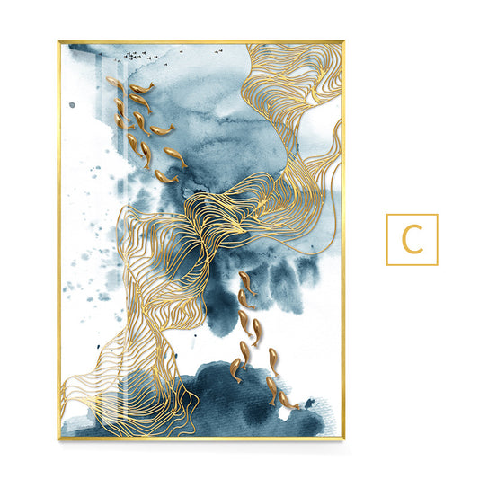 Abstract Gold Fish Canvas Painting Nordic Marble.