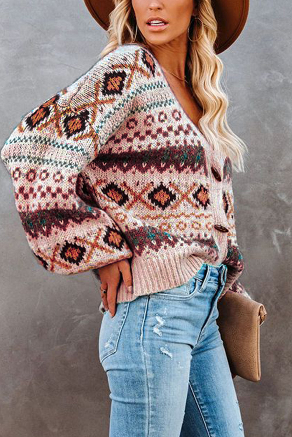 Multicolor Tribal Pattern V Neck Button Front Cardigan