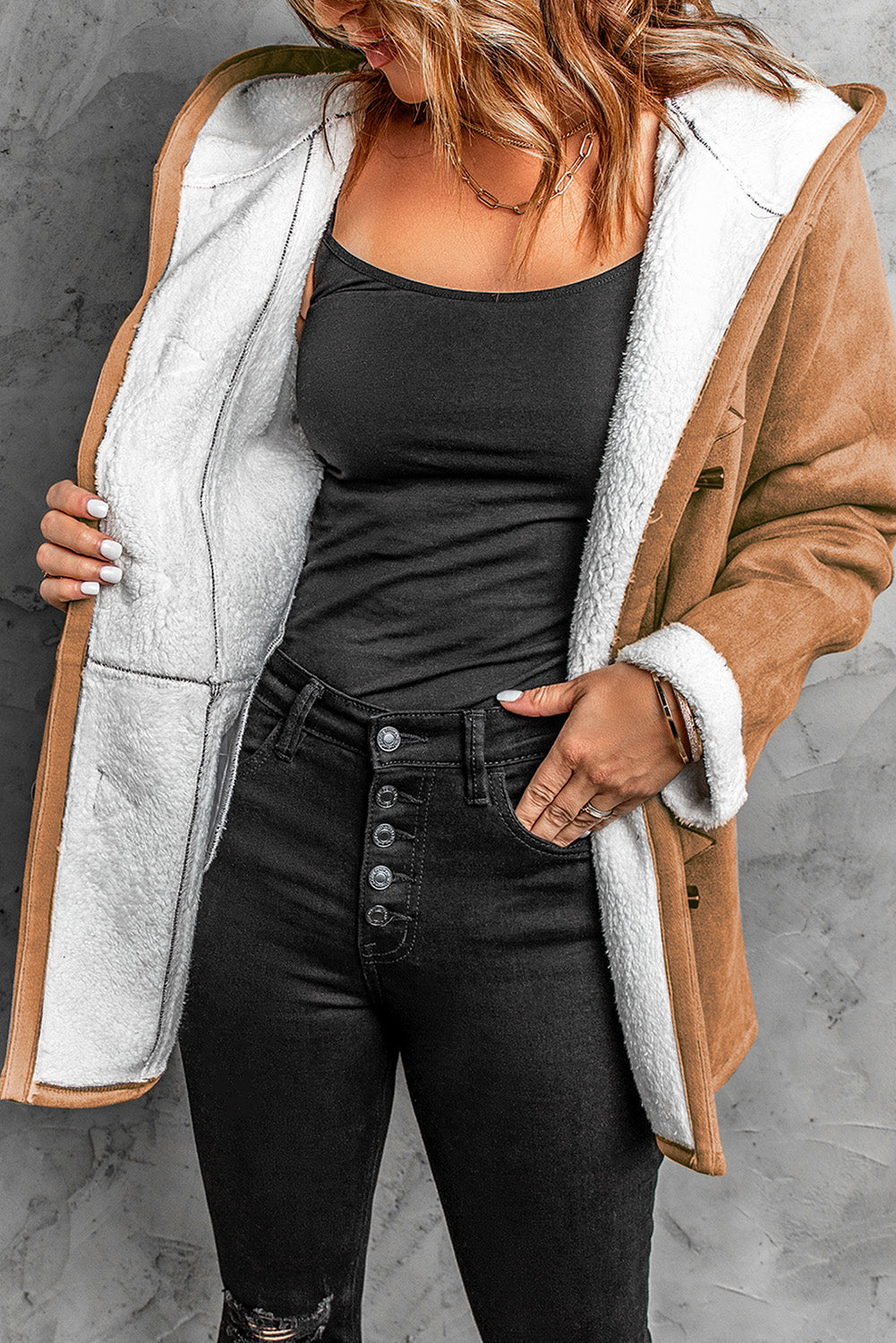 Fleece Suede Mid-length Hooded Coat