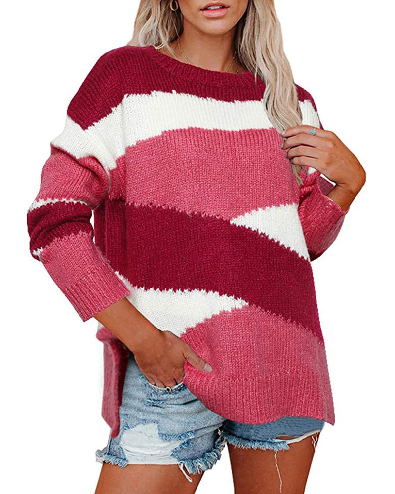 Women's loose knit sweater with irregular stripes