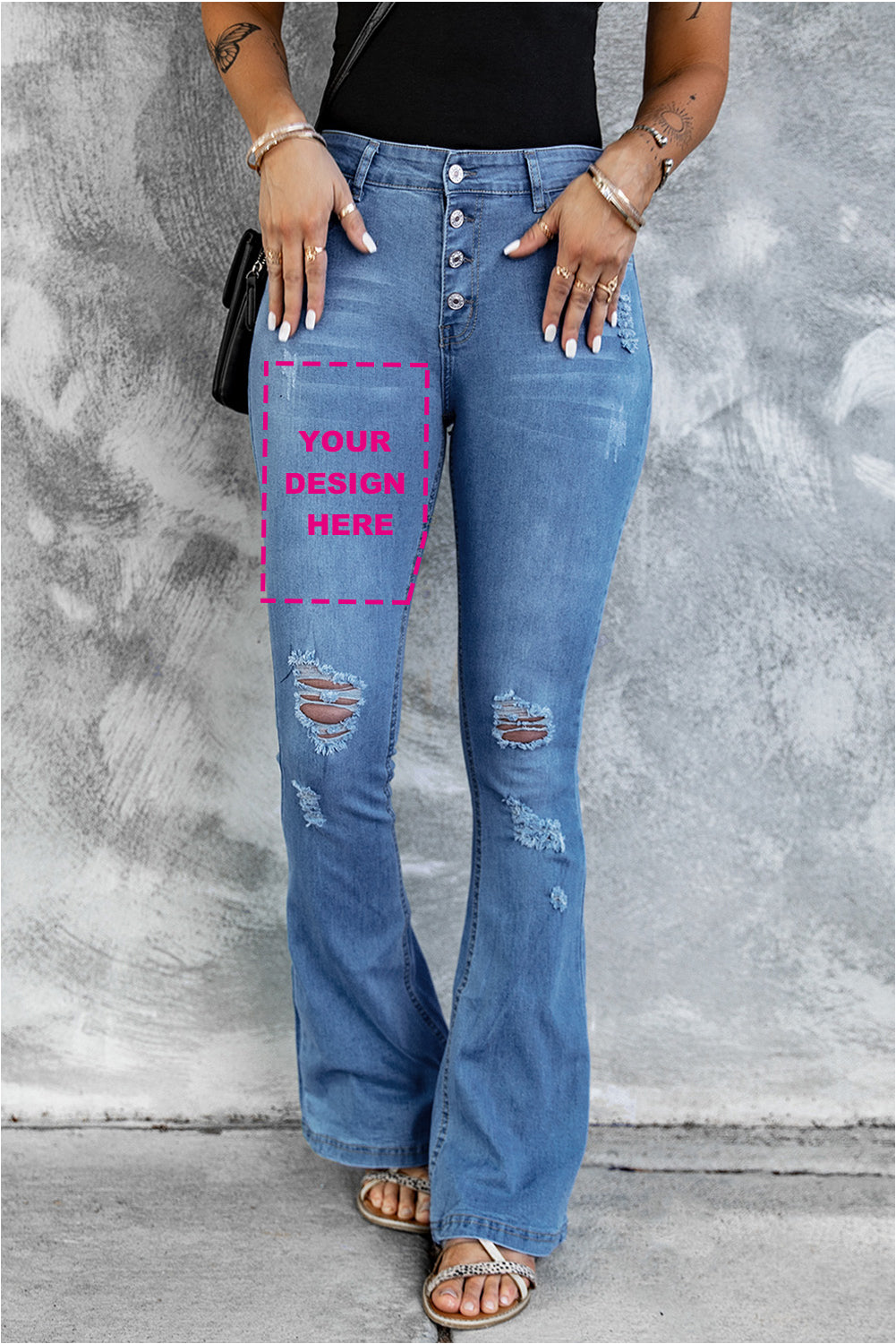 Dark Blue Mid Rise Button Front Flare Denim