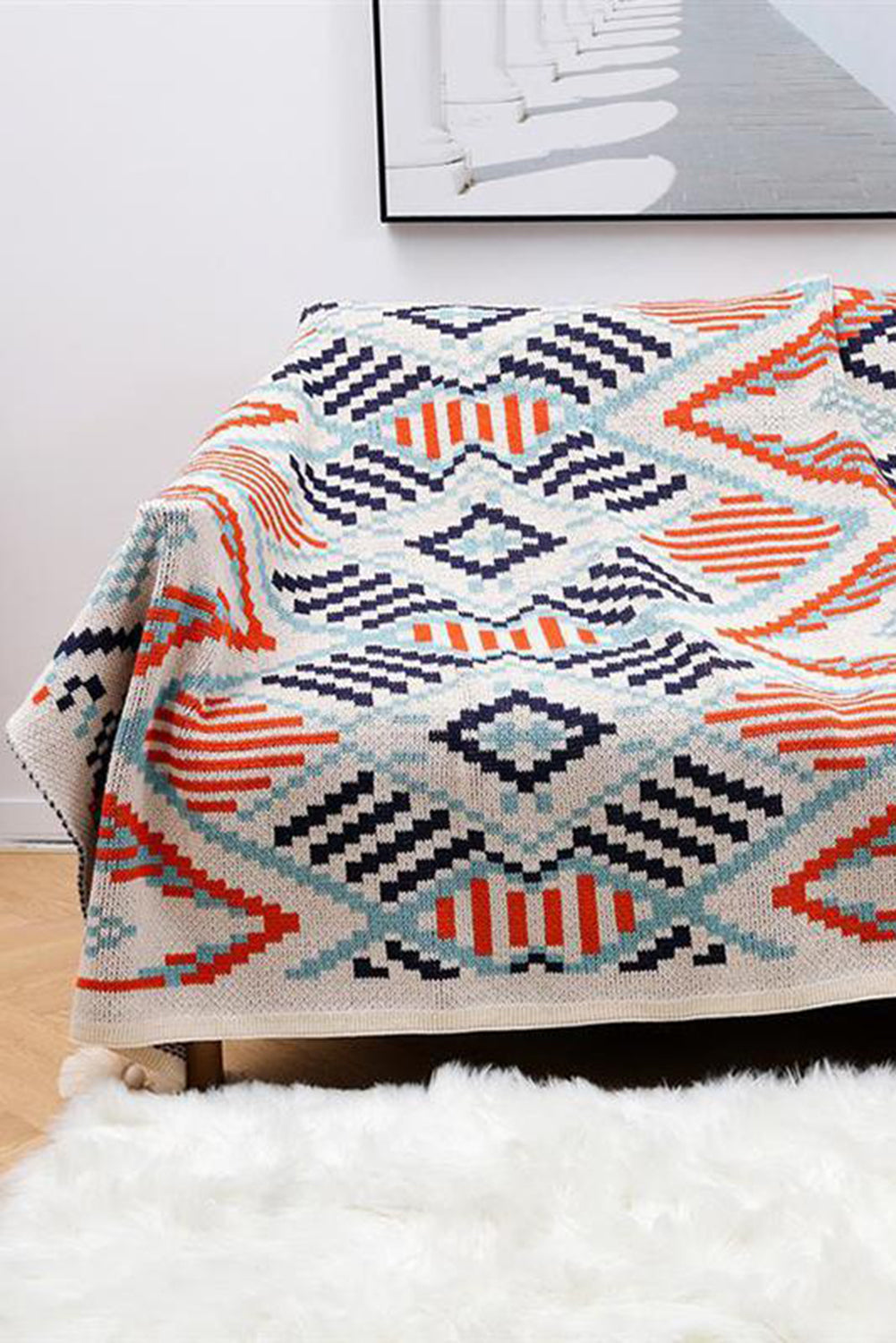 Multicolor Geometric Knit Tassel Large Blanket 130*160cm