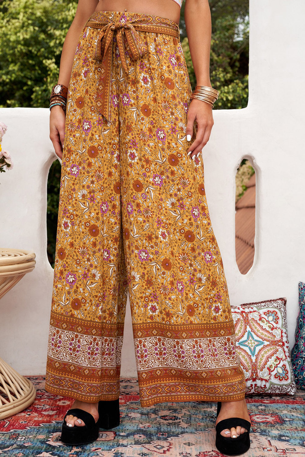 Boho Floral Print Wide Leg Casual Pants with Tie