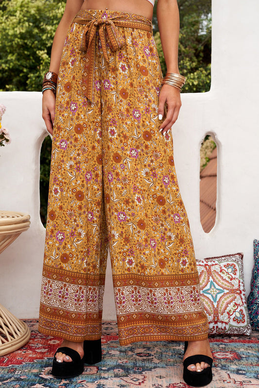 Boho Floral Print Wide Leg Casual Pants with Tie