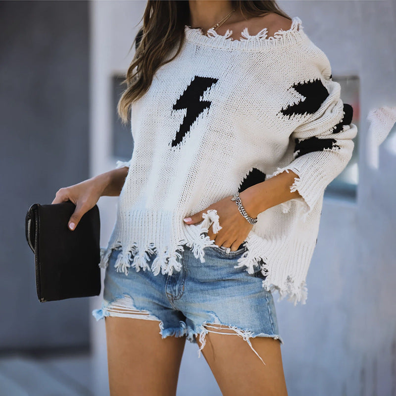 Lightning hole tassel pullover women's sweater
