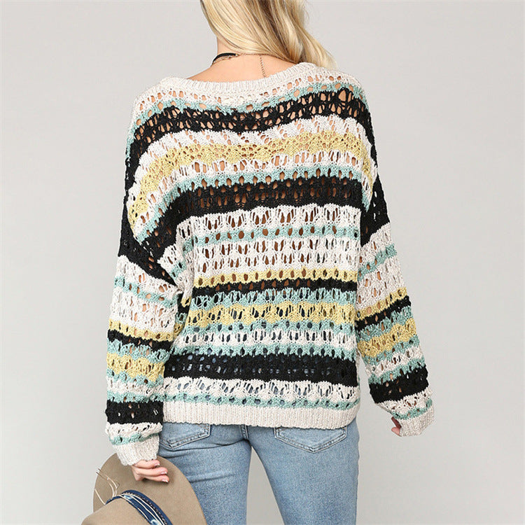 Hollow Knitted Sweater Color Stripe Stitching Round Neck Sweater Women