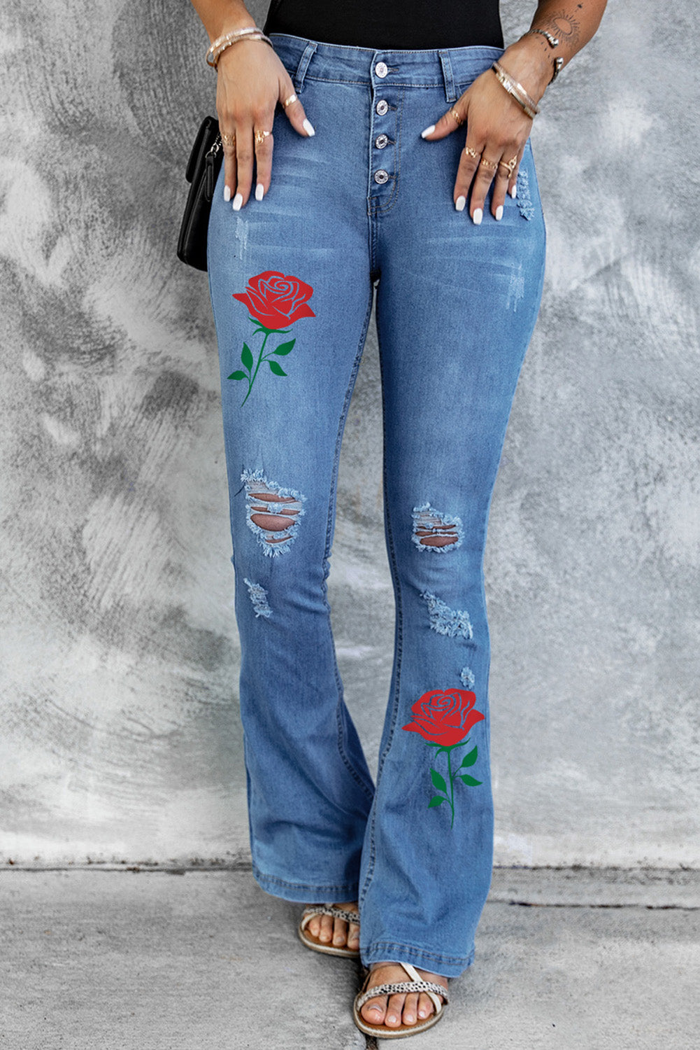 Dark Blue Mid Rise Button Front Flare Denim