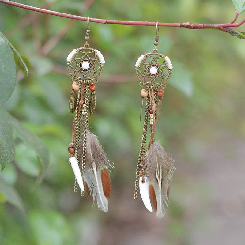 Vintage Dreamcatcher Metal Leaf Feather Pendant Stud Earrings