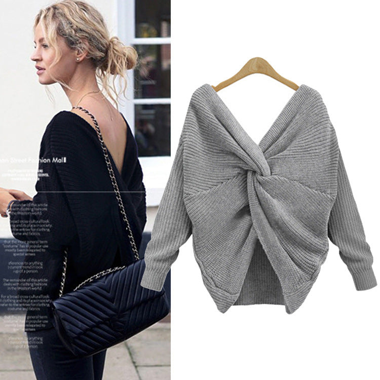 Large neckline V-neck halter head retro solid color sweater two wearing bat sweater coat