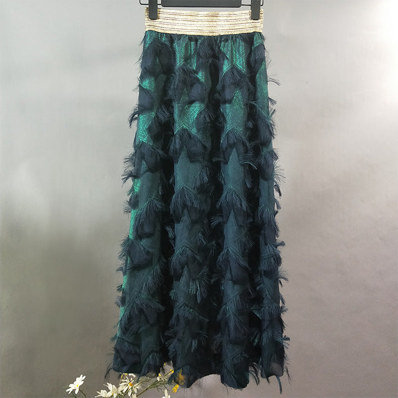 Gold Thread Elastic Waist Long Feather Skirt Skirt
