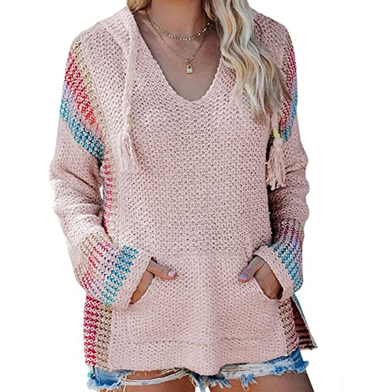 Striped Color Matching Hooded Long Sleeve Pullover Loose Sweater