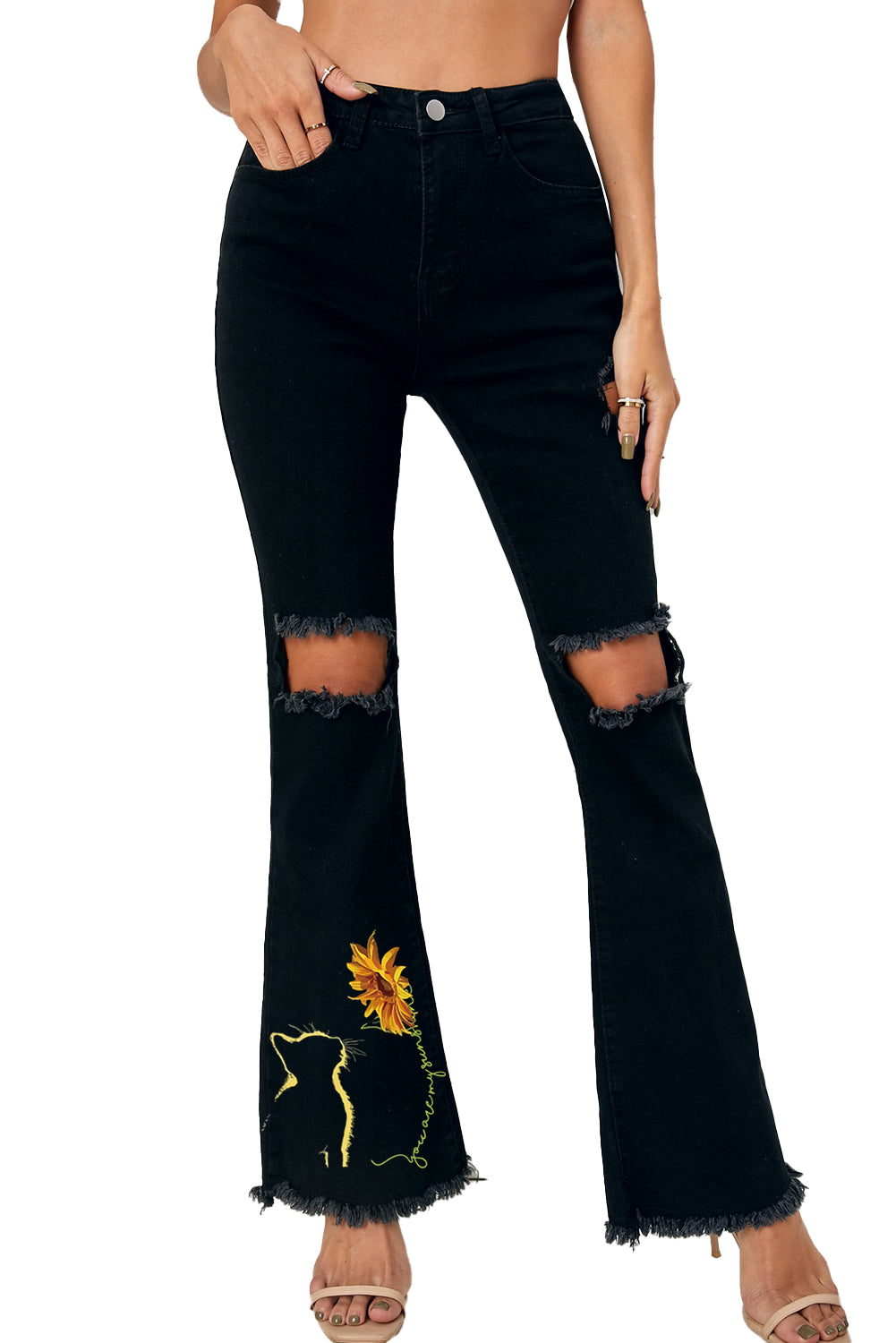 High Waist Ripped Bell Bottom Jeans