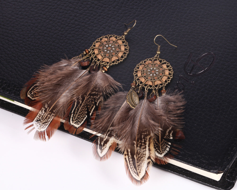 Feather Earrings Round Cutout Rope Blade Pendant Brown Feather Earrings