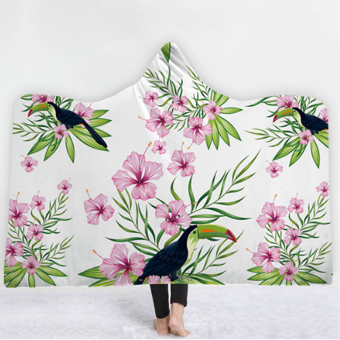 Hooded Thermal Fleece Blanket Coral Fleece Print Winter Warm Home Travel Portable Wearable Thick Hoodie Blanket For Adults Kids