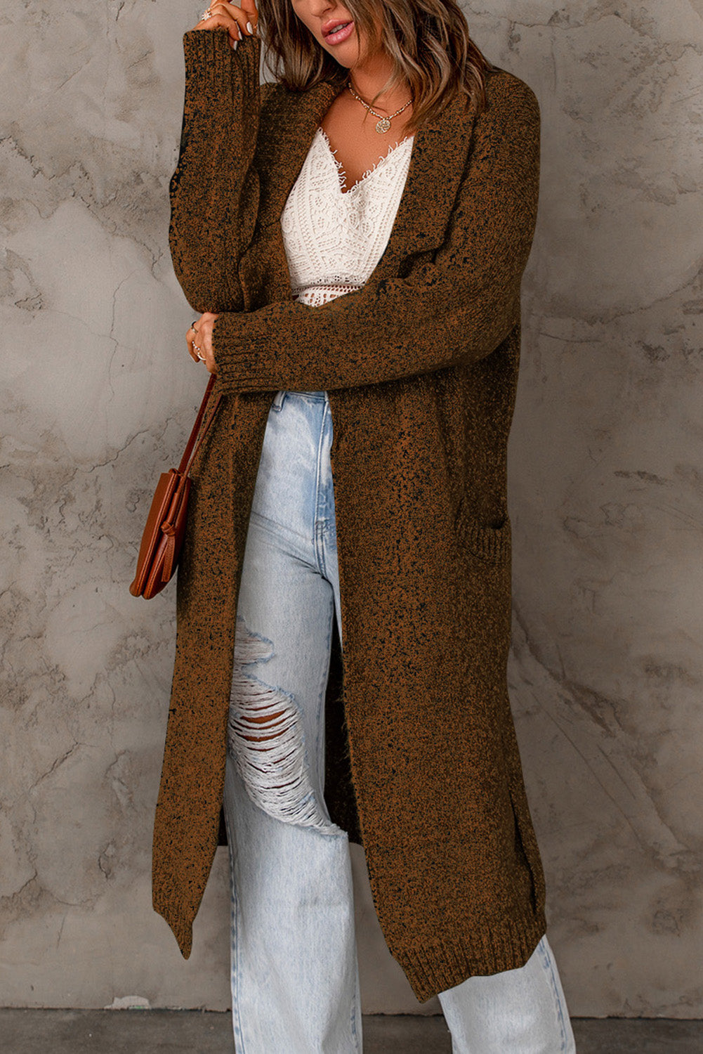 Shawl Collar Belted Knitted Long Sweater