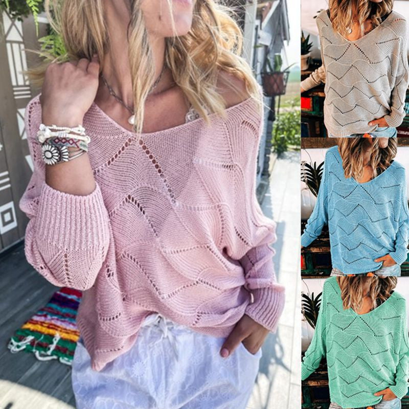 Casual V-neck Hollow Solid Color Bat Sleeve Knitted Long Sleeve Sweater