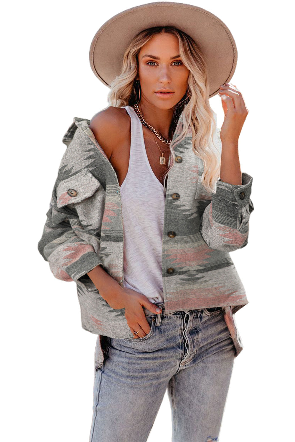 Distressed Aztec Print Lapel Long Sleeve Button Shirt Jacket