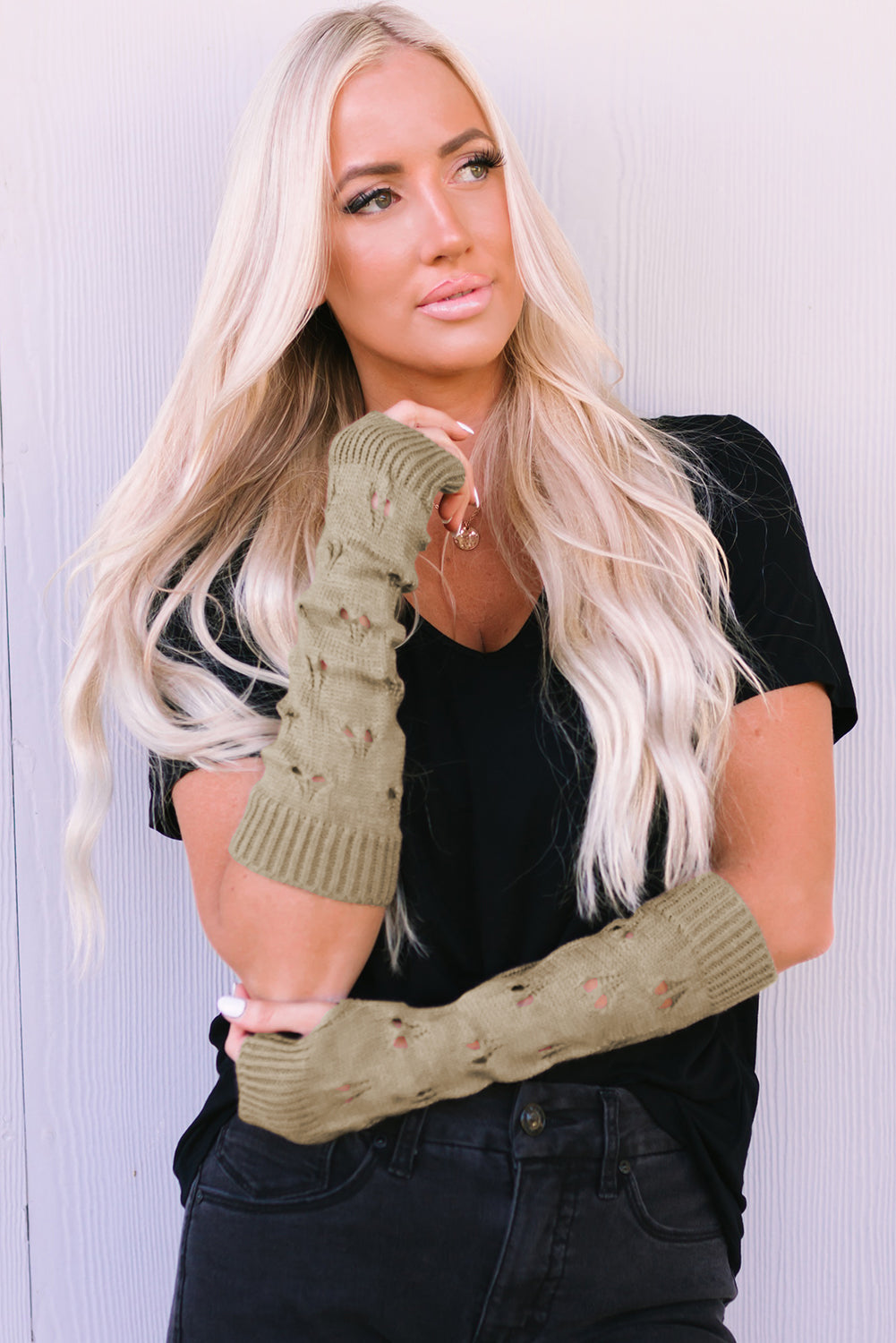 Khaki Hollow Out Heart Pattern Knitted Fingerless Gloves
