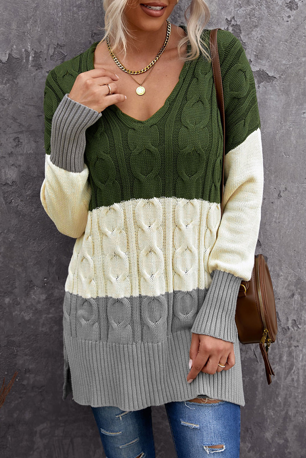 Colorblock Cable Knit Sweater with Slits