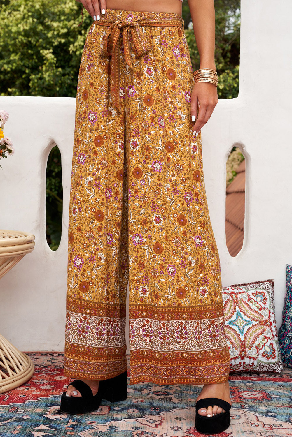 Boho Floral Print Wide Leg Casual Pants with Tie