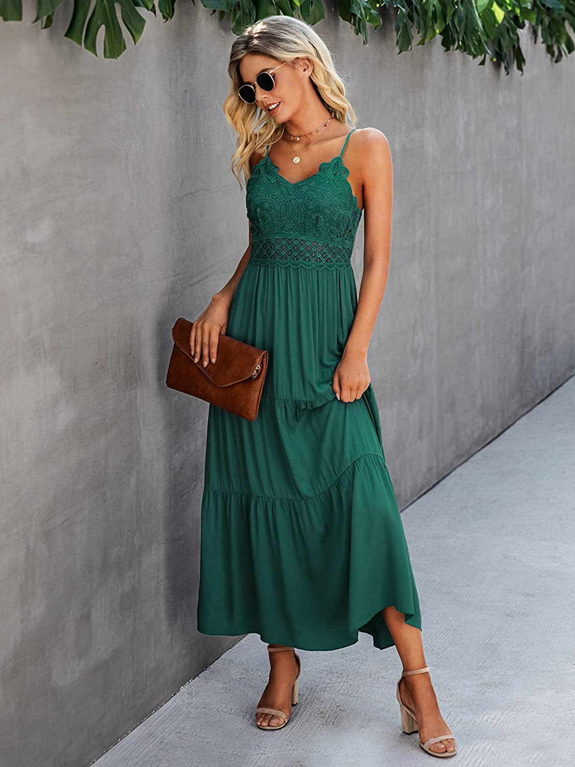 Women'S Beach Crochet Lace Maxi Dress Solid Color Summer Vacation Spaghetti Strap Long Dress 2023