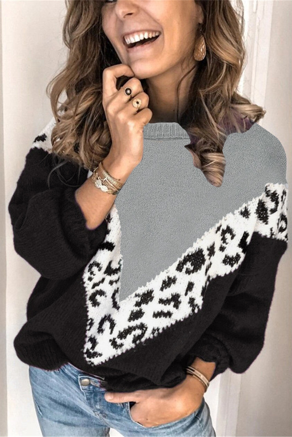 Colorblock Chevron Leopard Pullover Sweater