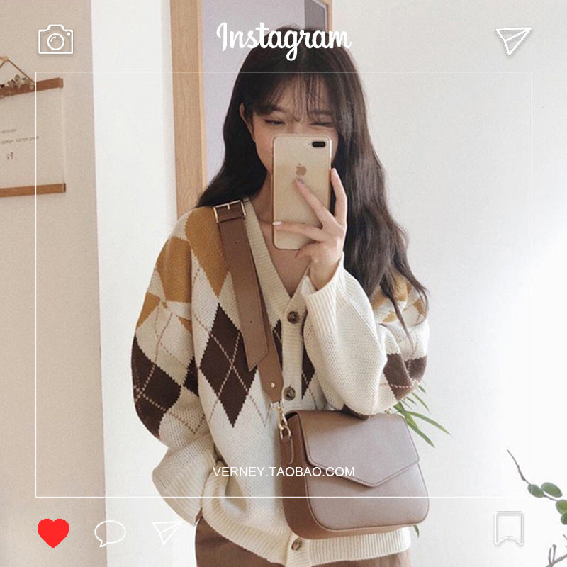 Korean College Style Diamond Plaid Sweater Coat