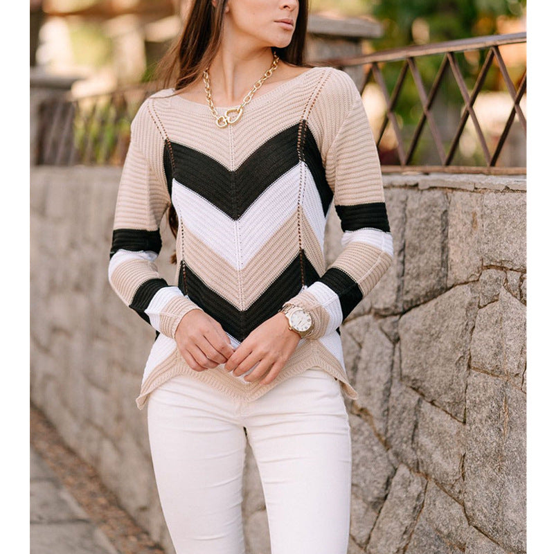 Sweater Ladies Casual Wave-shaped Contrast Color Knitted Sweater