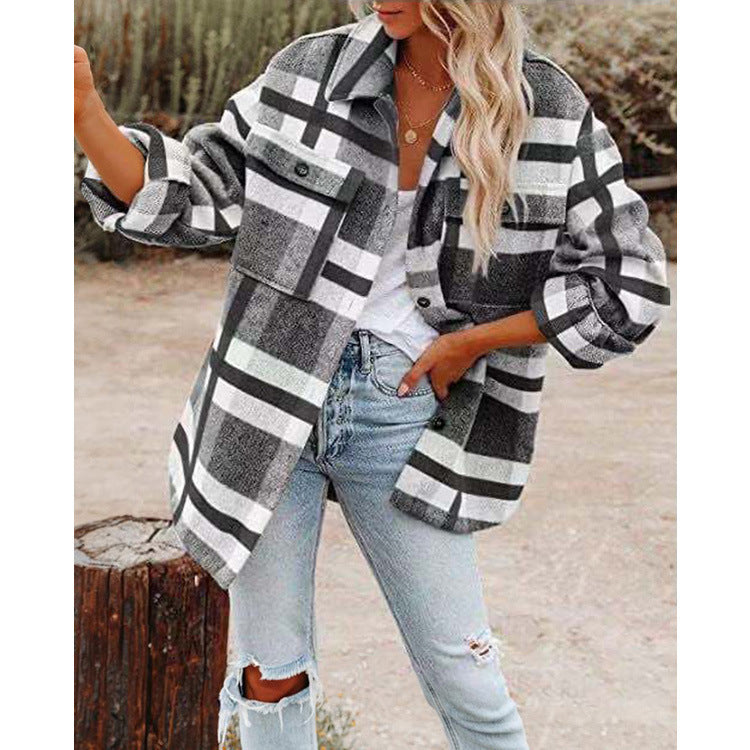 Women's Long Sleeve Lapel Loose Plaid Thickened Wool Jacket