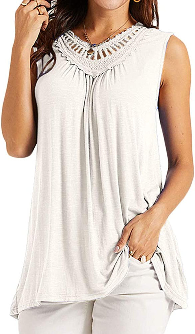 Women'S Sleeveless Tank Tops Crochet Lace Shirts Summer Basic Casual Loose Fit Tees Tunics Pleated Blouses
