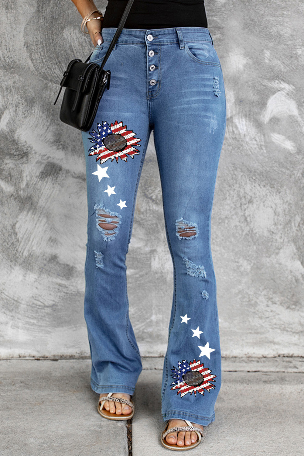Dark Blue Mid Rise Button Front Flare Denim